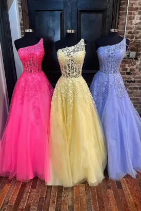 One Shoulder Hot Pink/Yellow/Lilac Lace Long Prom Dress, Hot Pink/Yellow/Lilac Lace Formal Evening Dress A1815