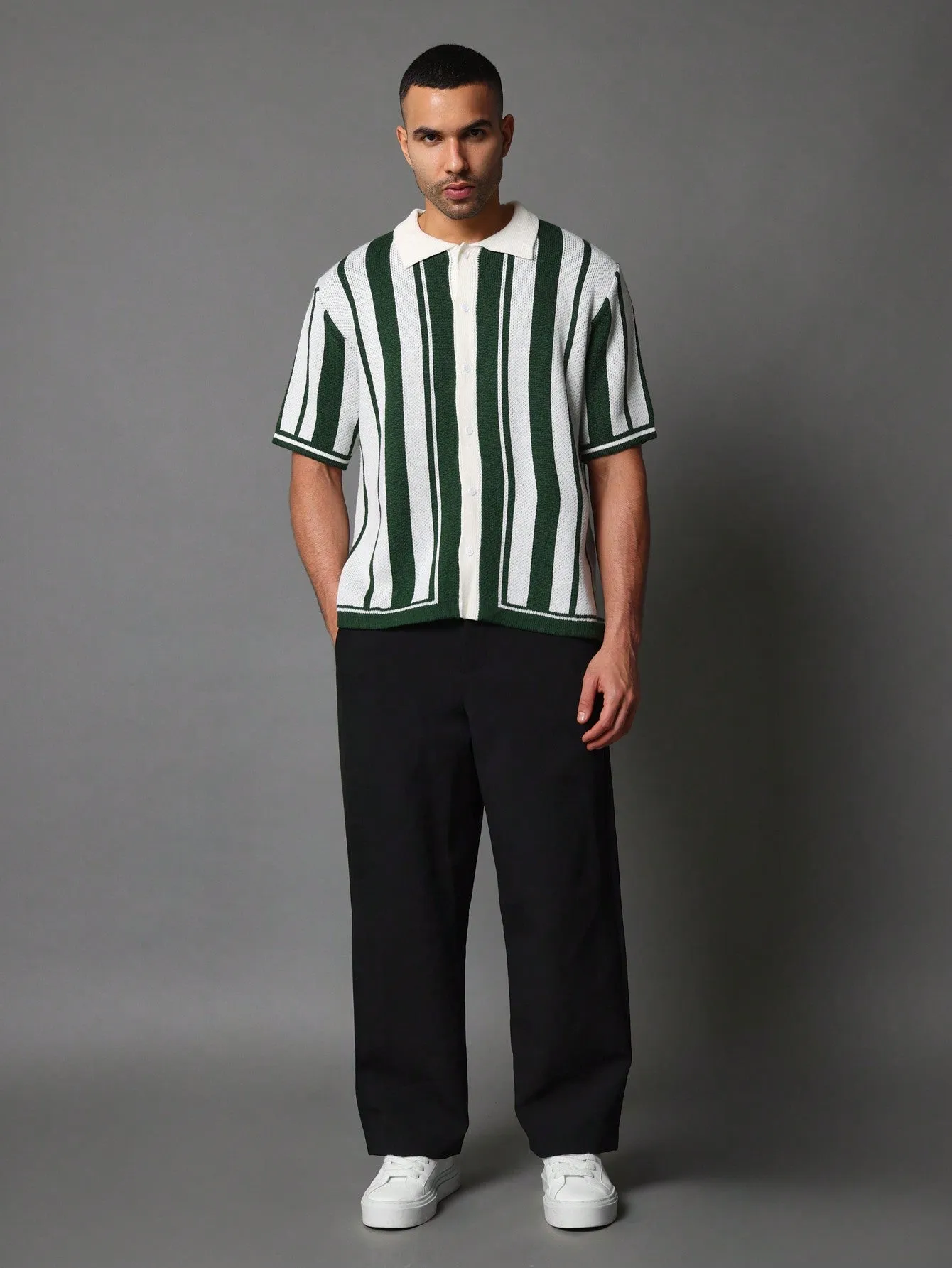 Oversized Knit Stripe Short Sleeve Polo Shirt