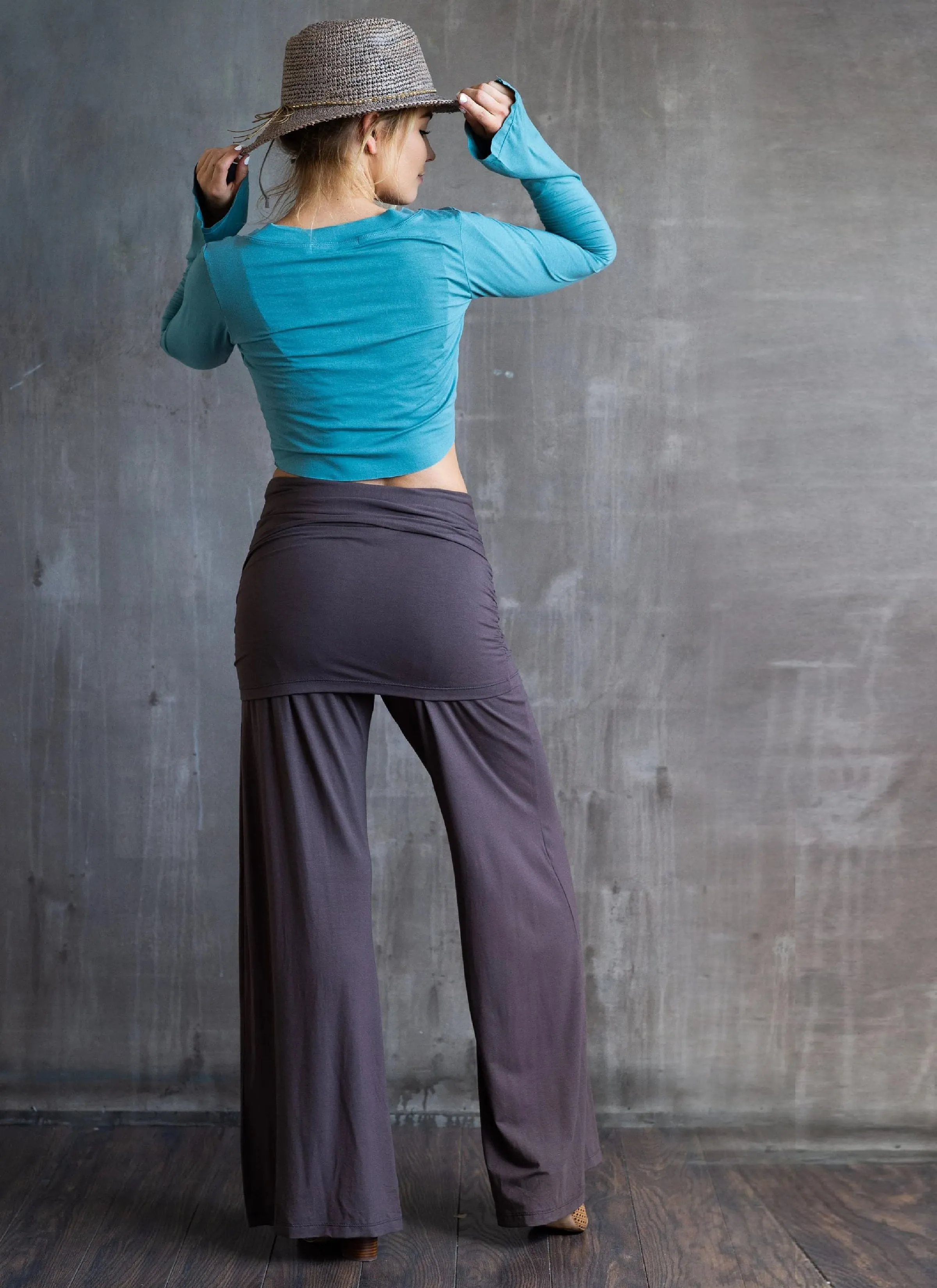 Palazzo Yoga Pants with Miniskirt in Mocha