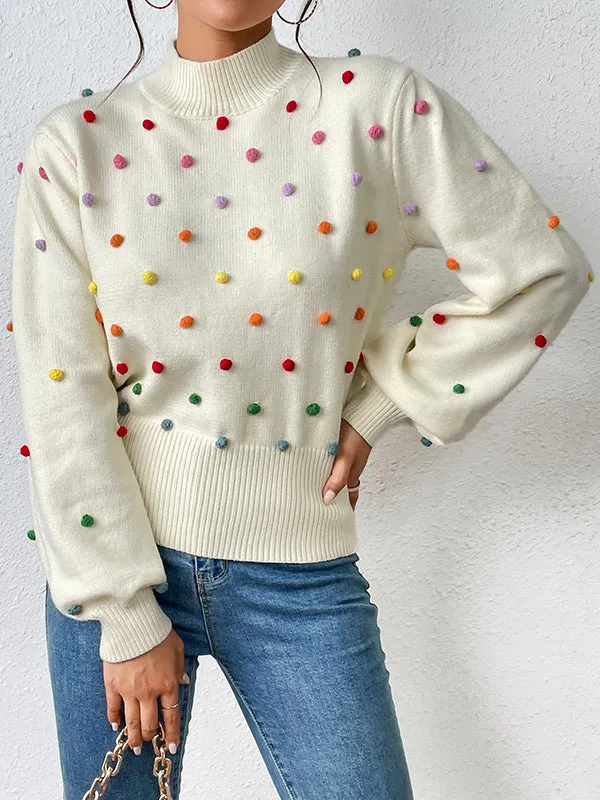 Pompom Triming Long Sleeves Loose Round-Neck Sweater Tops Pullovers Knitwear