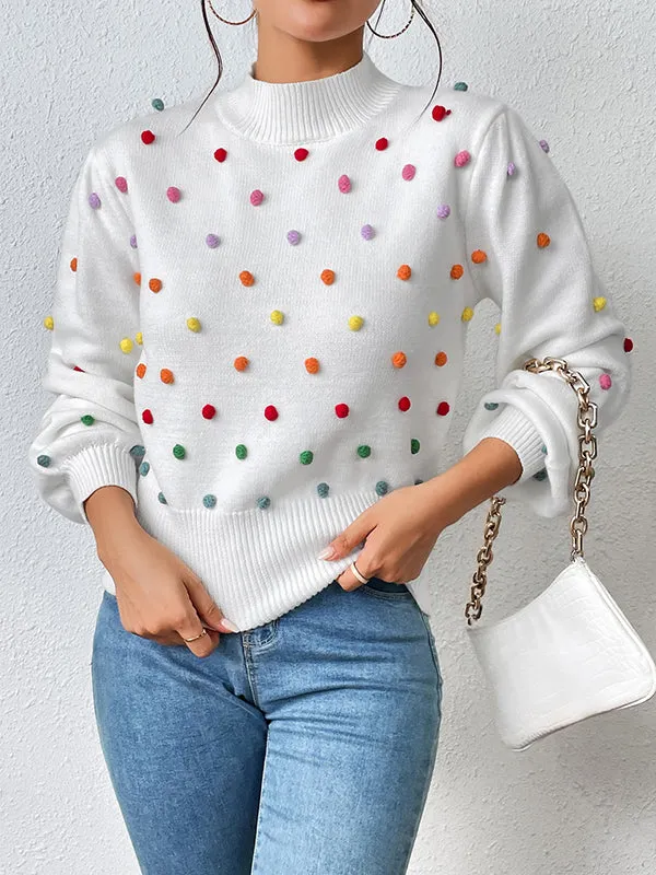 Pompom Triming Long Sleeves Loose Round-Neck Sweater Tops Pullovers Knitwear