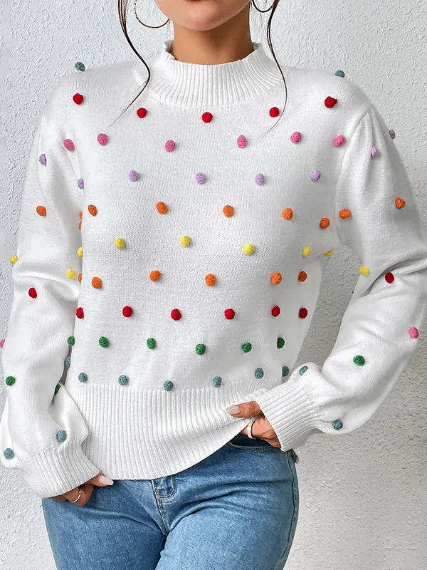 Pompom Triming Long Sleeves Loose Round-Neck Sweater Tops Pullovers Knitwear