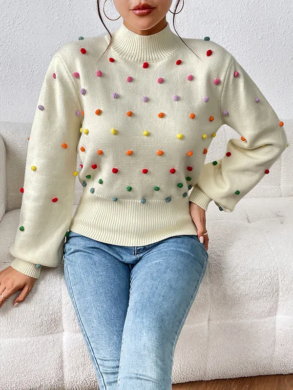 Pompom Triming Long Sleeves Loose Round-Neck Sweater Tops Pullovers Knitwear