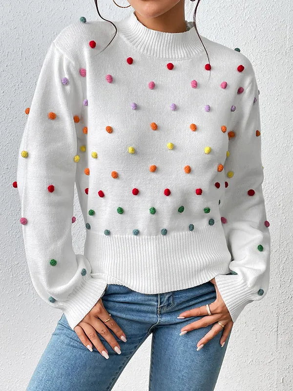 Pompom Triming Long Sleeves Loose Round-Neck Sweater Tops Pullovers Knitwear