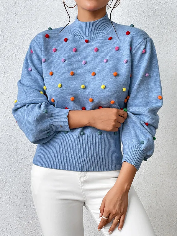 Pompom Triming Long Sleeves Loose Round-Neck Sweater Tops Pullovers Knitwear