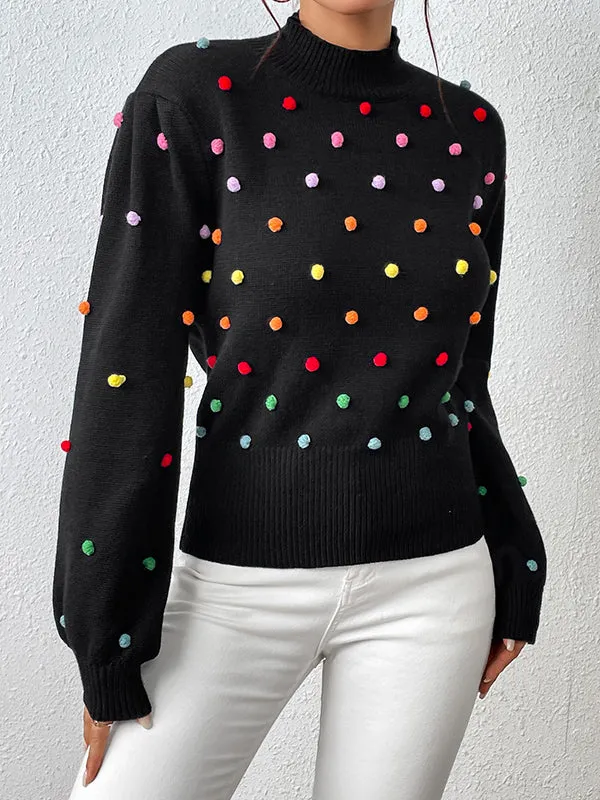 Pompom Triming Long Sleeves Loose Round-Neck Sweater Tops Pullovers Knitwear