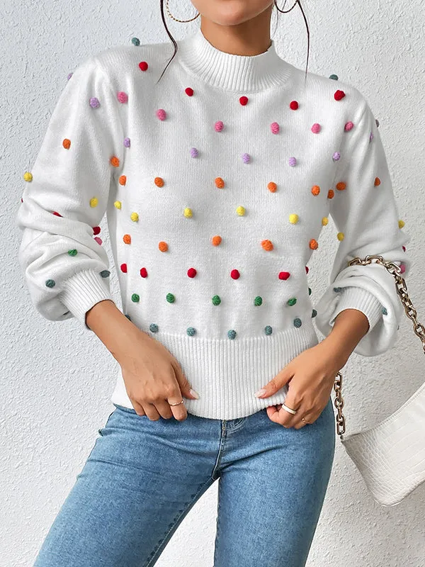 Pompom Triming Long Sleeves Loose Round-Neck Sweater Tops Pullovers Knitwear