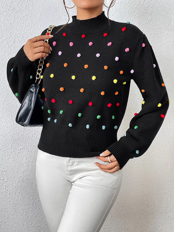 Pompom Triming Long Sleeves Loose Round-Neck Sweater Tops Pullovers Knitwear