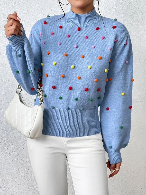 Pompom Triming Long Sleeves Loose Round-Neck Sweater Tops Pullovers Knitwear