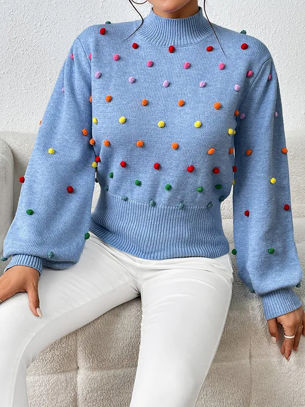 Pompom Triming Long Sleeves Loose Round-Neck Sweater Tops Pullovers Knitwear