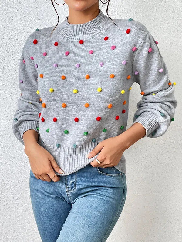 Pompom Triming Long Sleeves Loose Round-Neck Sweater Tops Pullovers Knitwear