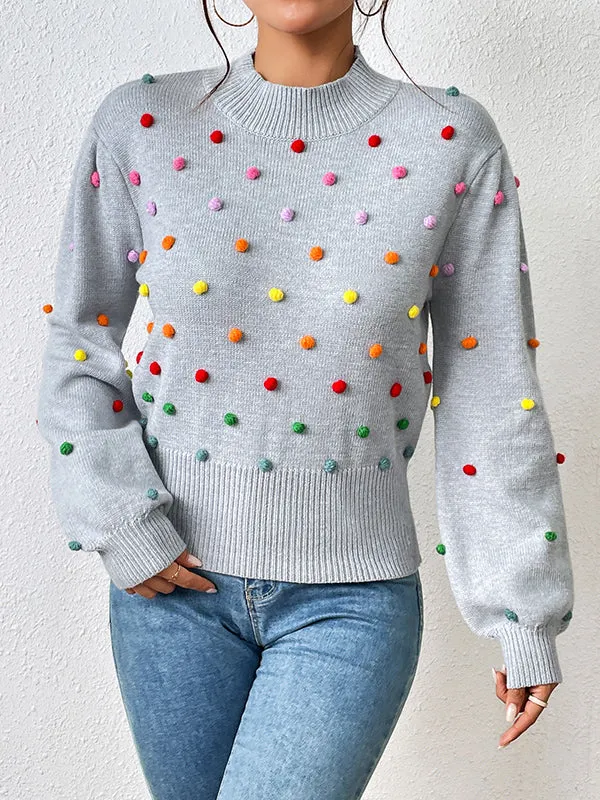 Pompom Triming Long Sleeves Loose Round-Neck Sweater Tops Pullovers Knitwear