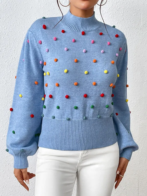 Pompom Triming Long Sleeves Loose Round-Neck Sweater Tops Pullovers Knitwear