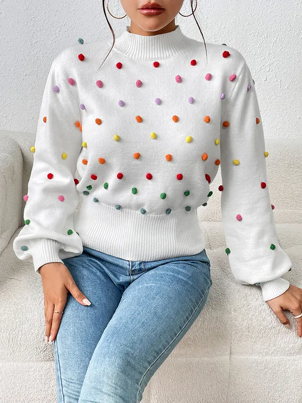 Pompom Triming Long Sleeves Loose Round-Neck Sweater Tops Pullovers Knitwear