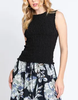 Poppi Smocked Deep V Back Tank Top in Black