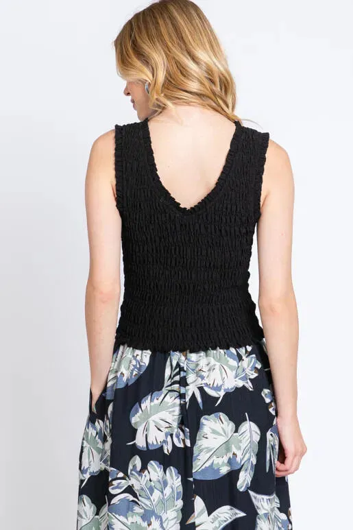 Poppi Smocked Deep V Back Tank Top in Black