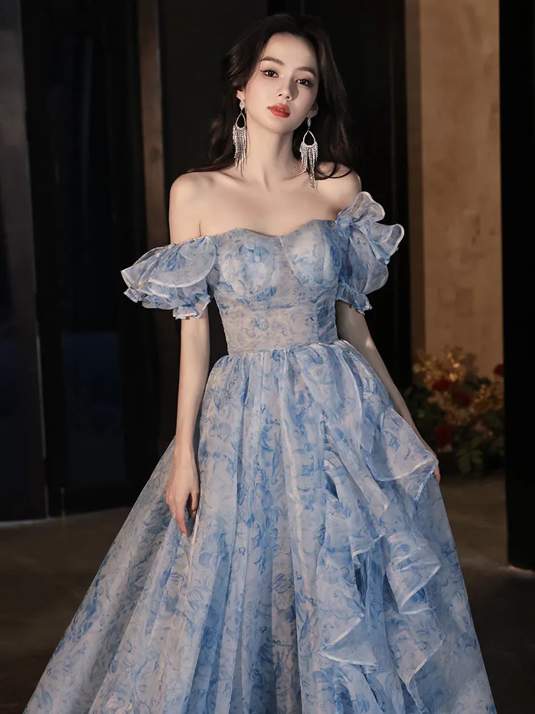 Pretty Light Blue Floral Short Sleeves Long Prom Dress, Light Blue Evening Dress