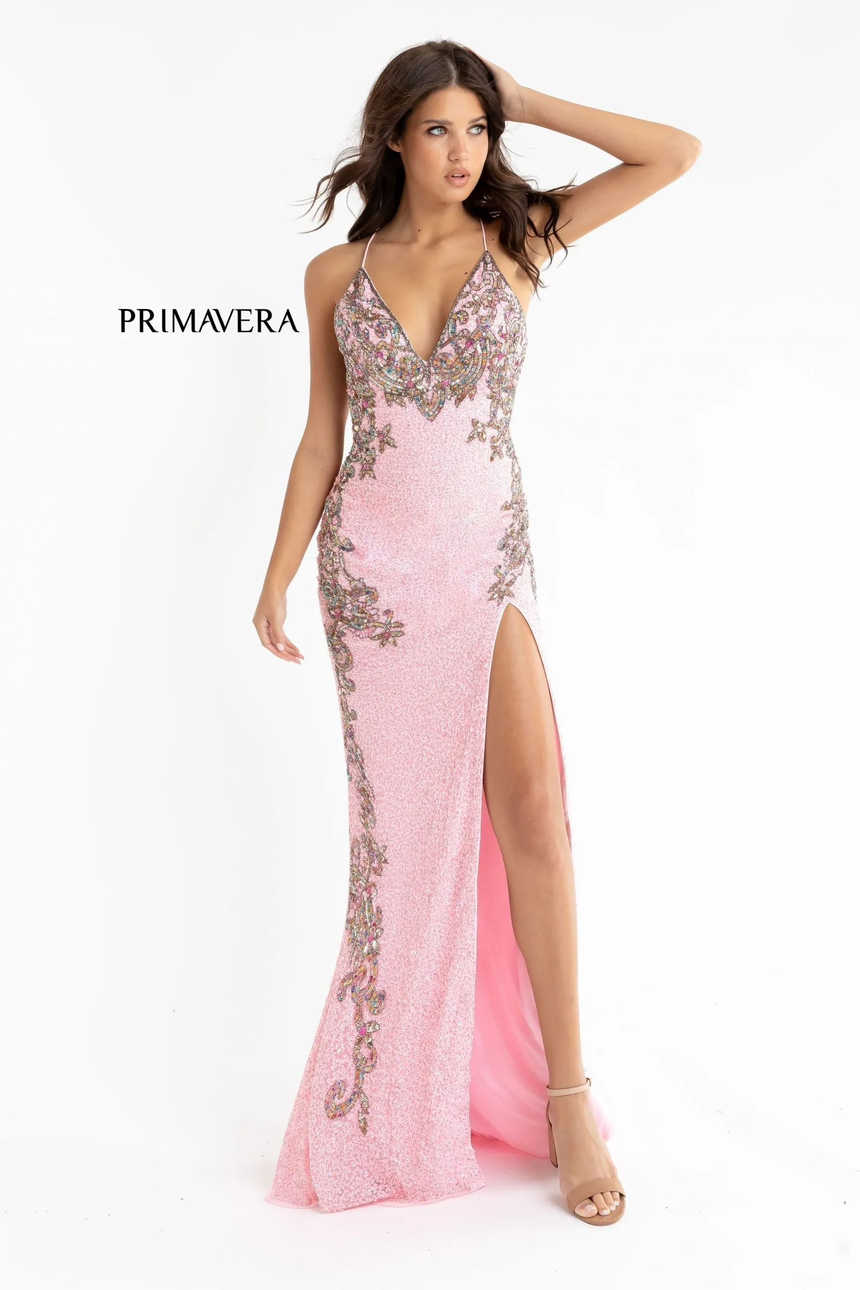 Primavera Couture 3211 Size 2, 12 Ivory Sequin Prom Dress Pageant Gown Evening Formal Wear Side Slit