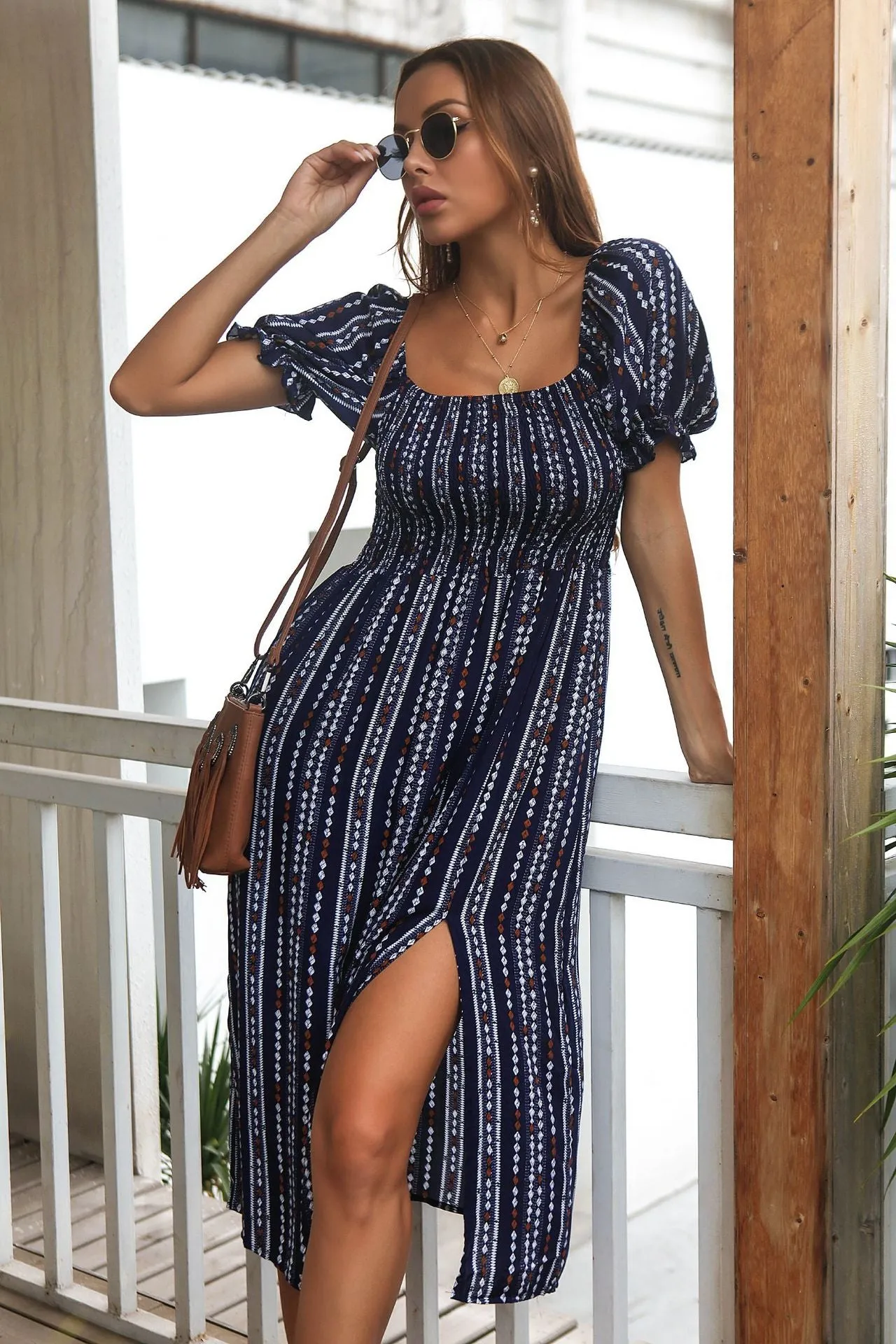 Printed Bubble Sleeve Rayon Dress