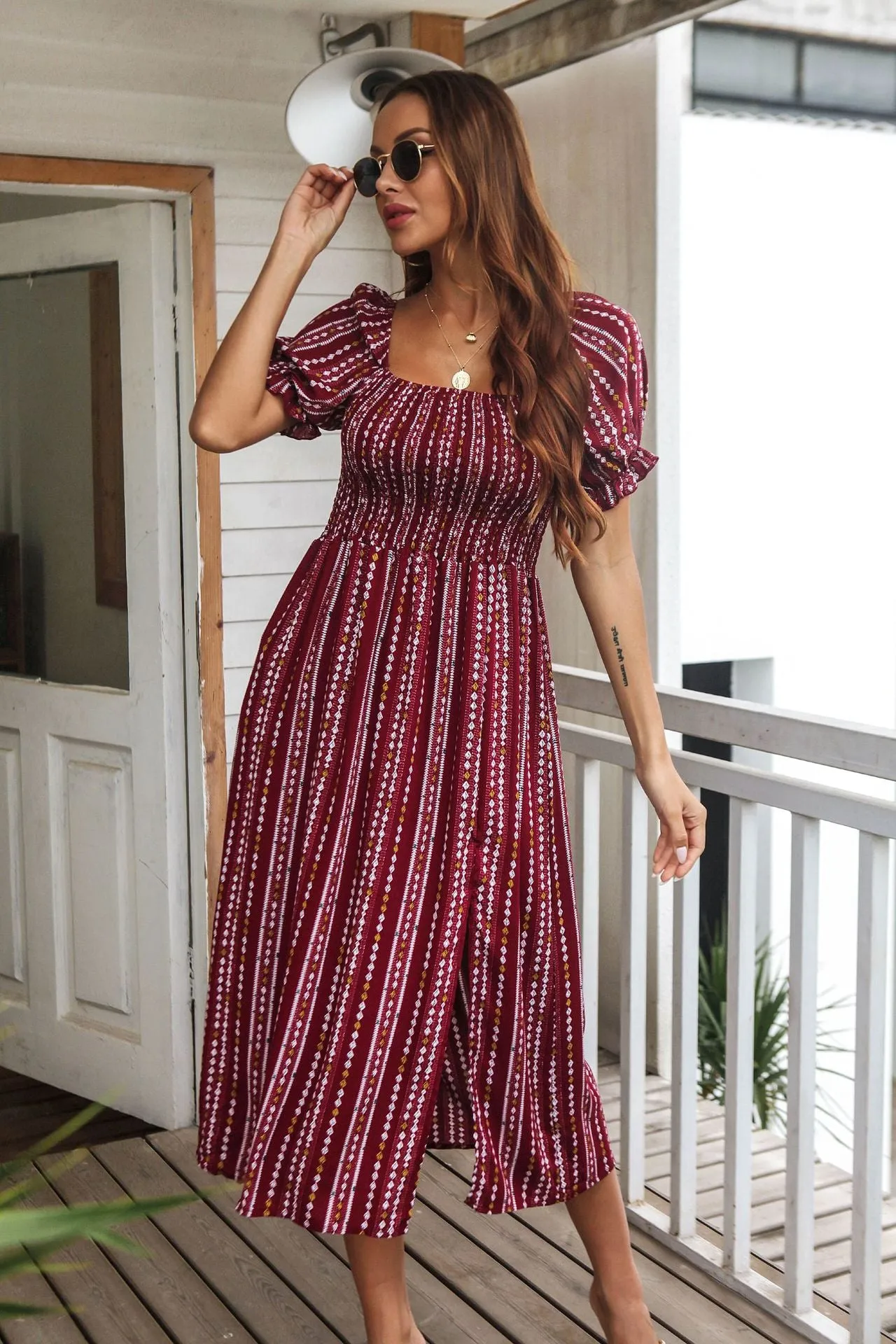 Printed Bubble Sleeve Rayon Dress