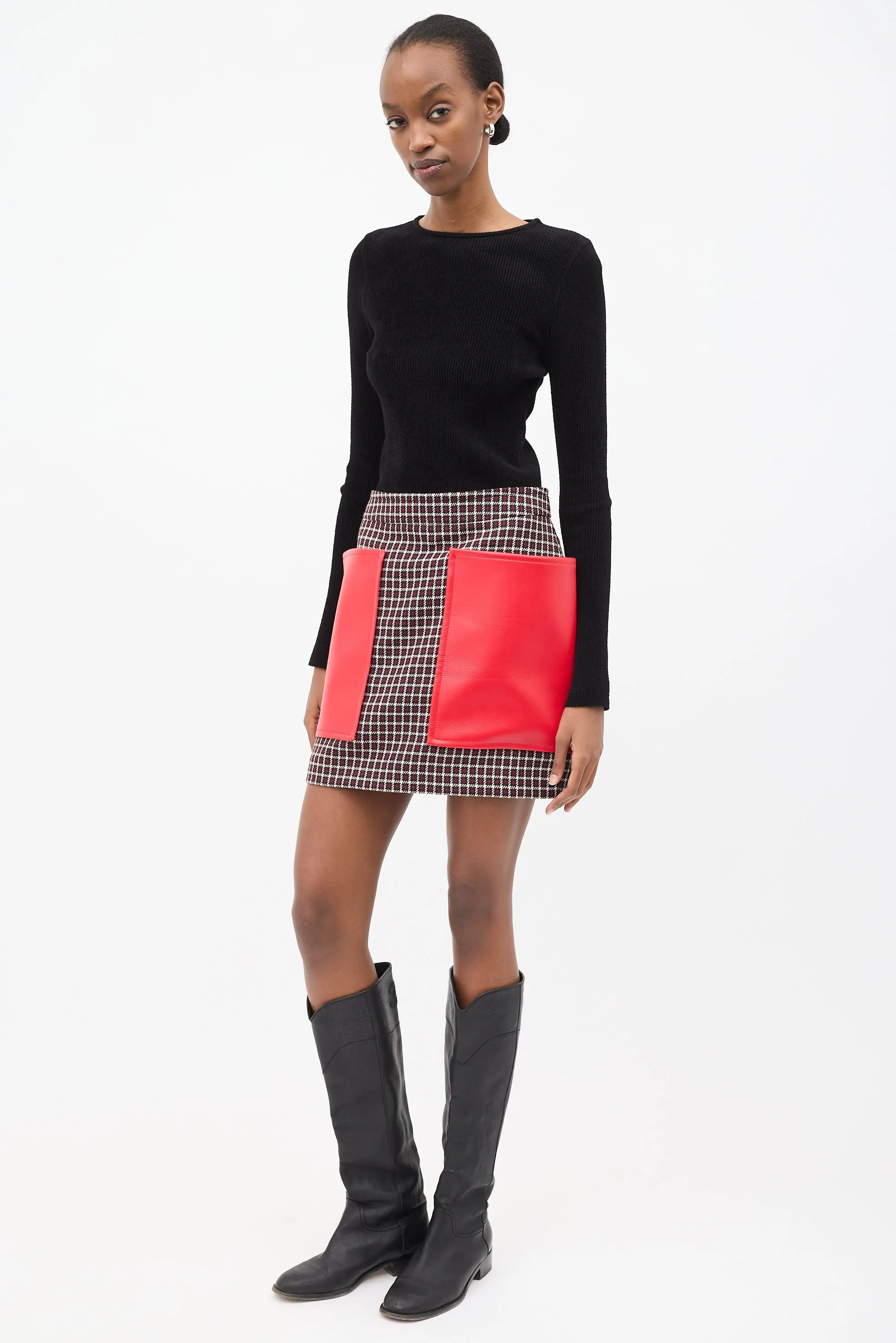 Red & Multi Wool & Faux Leather Skirt