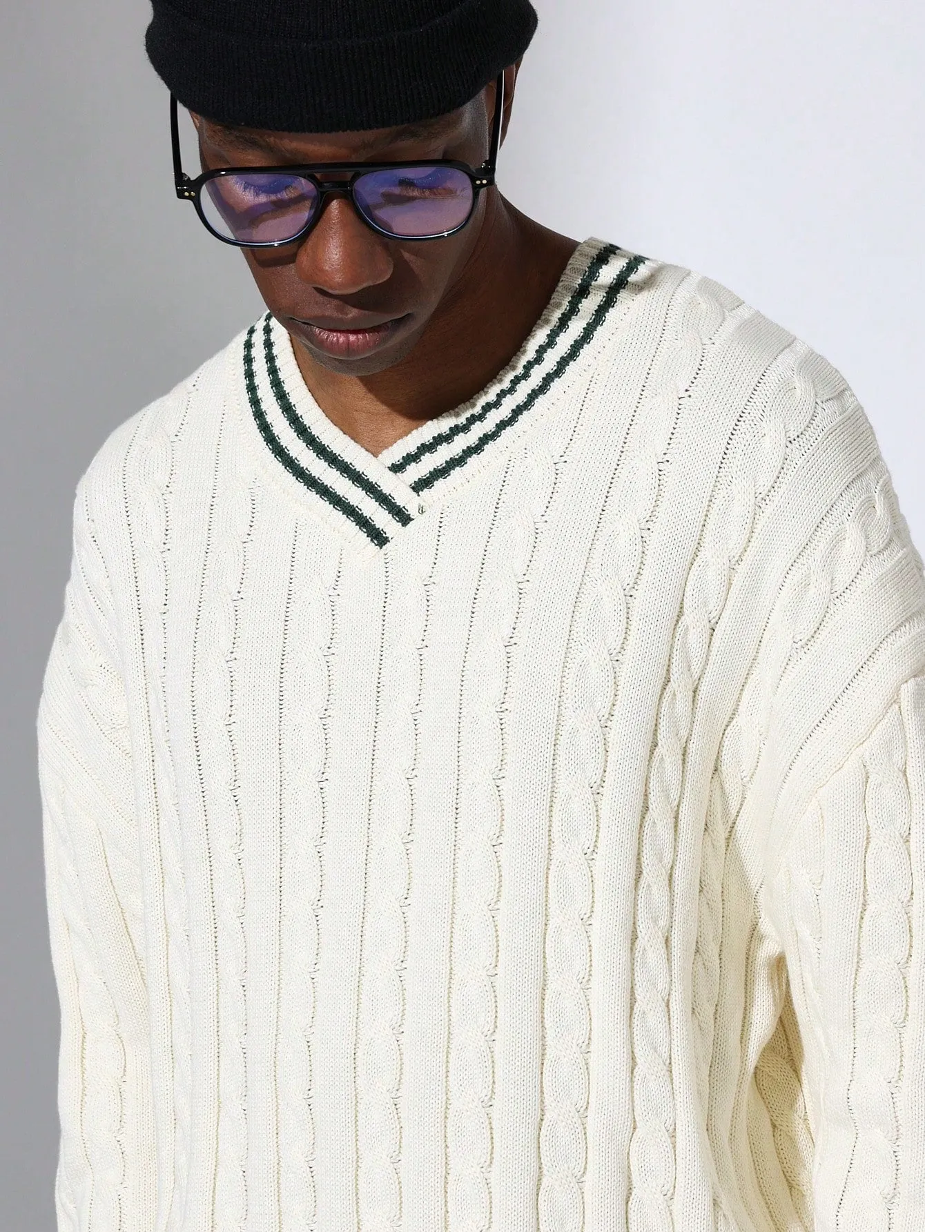 Regular Fit Cable Cord V-Neck Knit Sweater