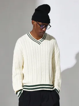 Regular Fit Cable Cord V-Neck Knit Sweater