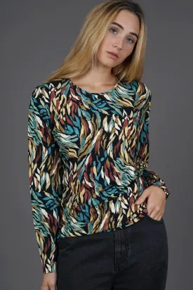 Round neck printed top with long sleeve. Blue Pink Or Tan51704 A24