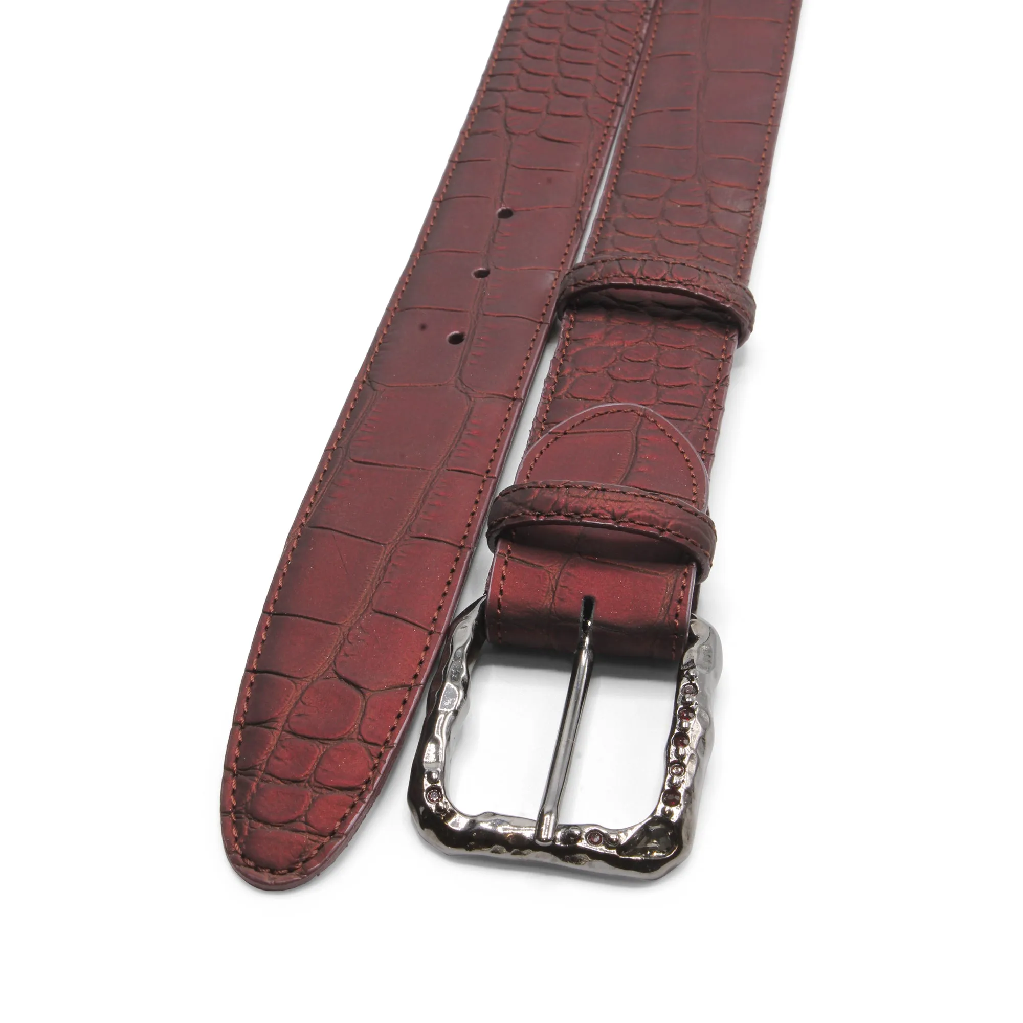 Rust Bacodor Mock Croc Hammered Crystal Prong Belt