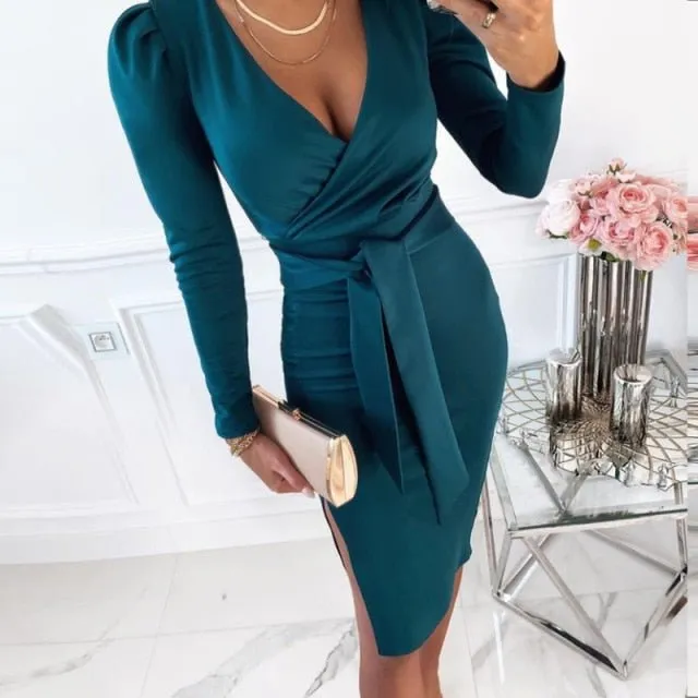 Sassy Sash 3/4 Sleeve Deep V-Neck Sheath Dress