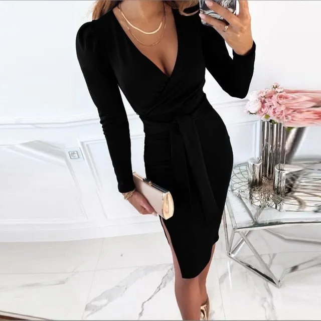 Sassy Sash 3/4 Sleeve Deep V-Neck Sheath Dress