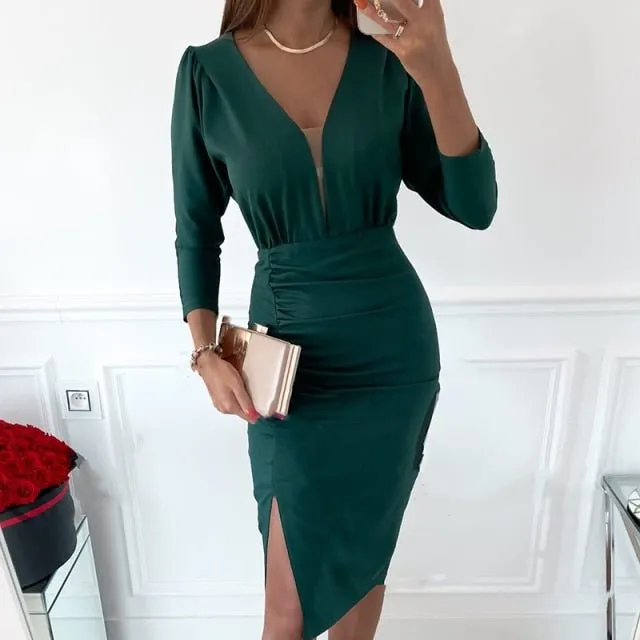 Sassy Sash 3/4 Sleeve Deep V-Neck Sheath Dress