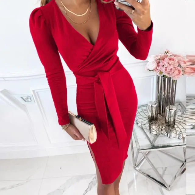 Sassy Sash 3/4 Sleeve Deep V-Neck Sheath Dress