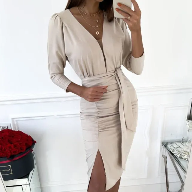 Sassy Sash 3/4 Sleeve Deep V-Neck Sheath Dress