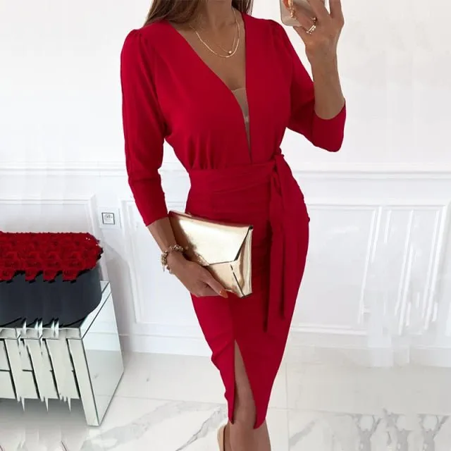 Sassy Sash 3/4 Sleeve Deep V-Neck Sheath Dress