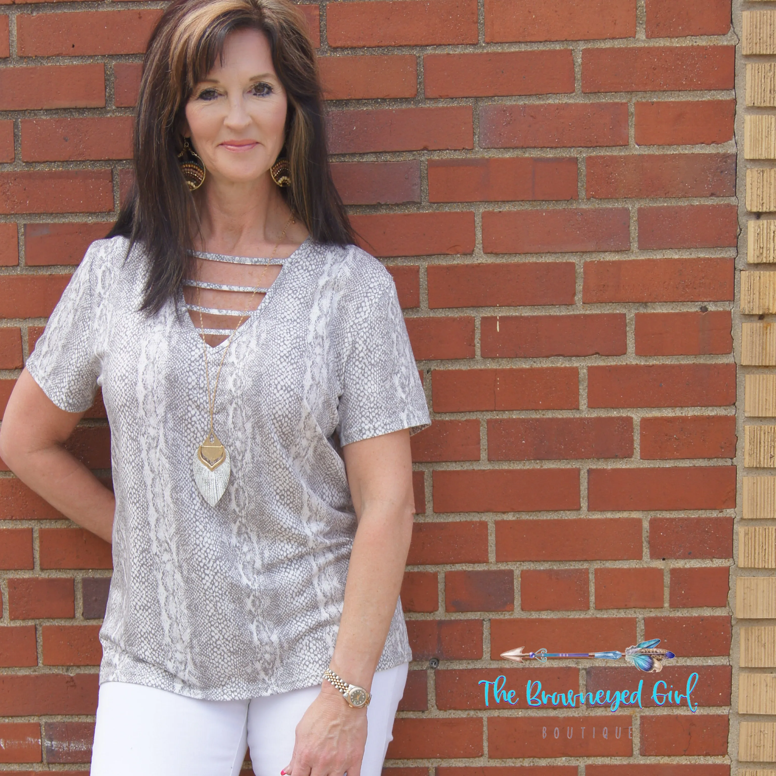 Snakeskin V-Neck Short Sleeve Top