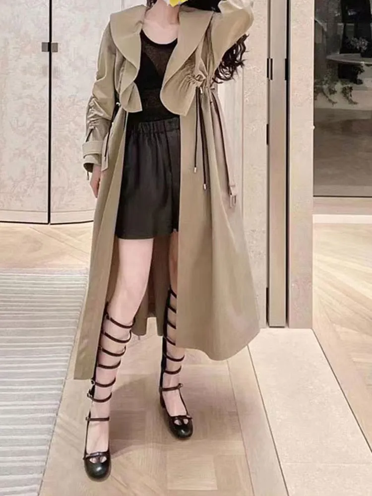 Solid Casual Loose Trenches For Women Lotus Collar Long Sleeve High Waist Drawsting Patchwork Lace Up Trench Female