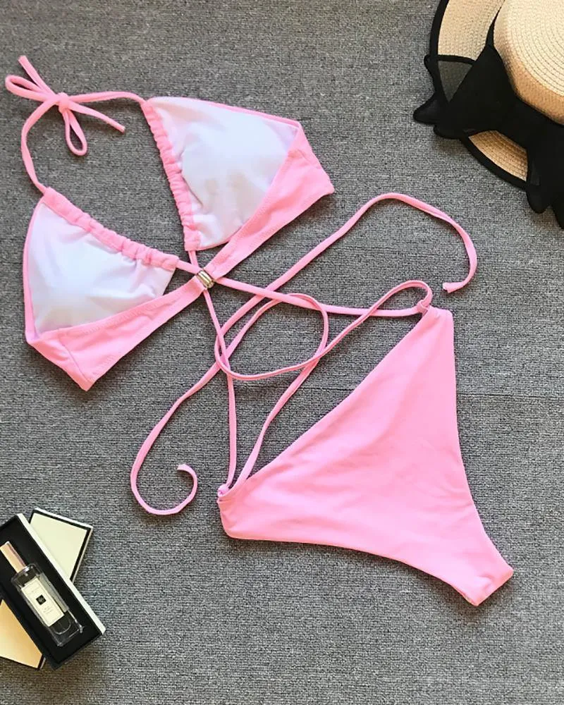 Solid Color Sexy Bandage Bikini Swimsuit