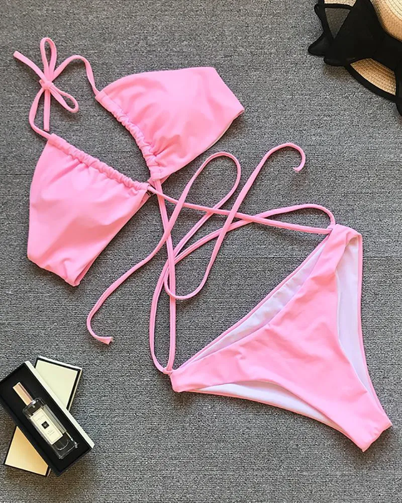 Solid Color Sexy Bandage Bikini Swimsuit