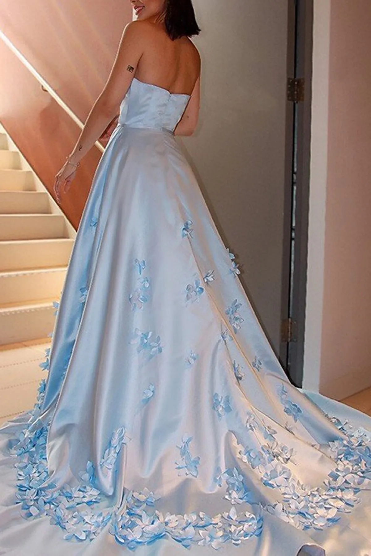 Strapless Open Back Light Blue Satin Long Prom Dress with Flowers, Light Blue Floral Formal Graduation Evening Dress A1429