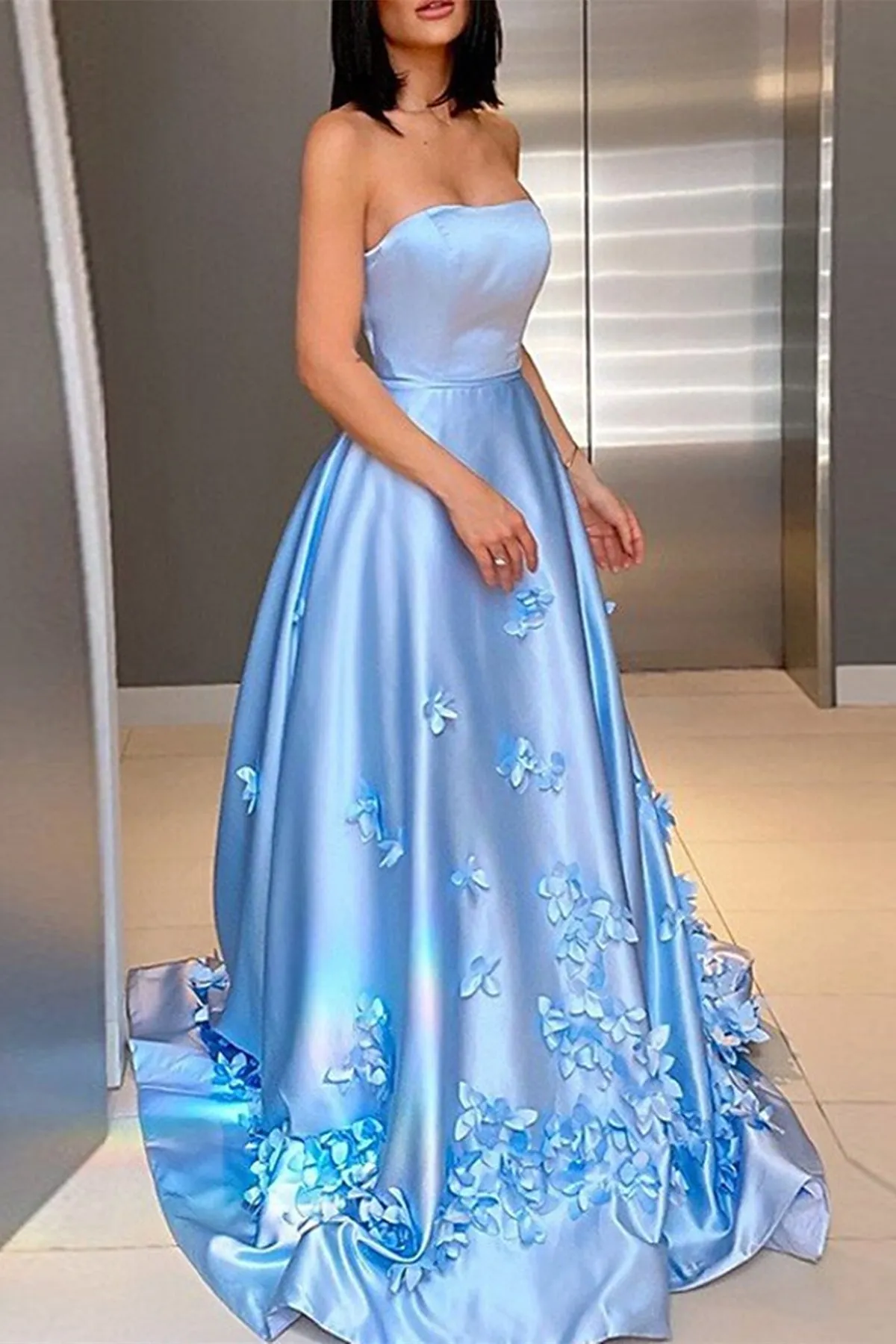 Strapless Open Back Light Blue Satin Long Prom Dress with Flowers, Light Blue Floral Formal Graduation Evening Dress A1429