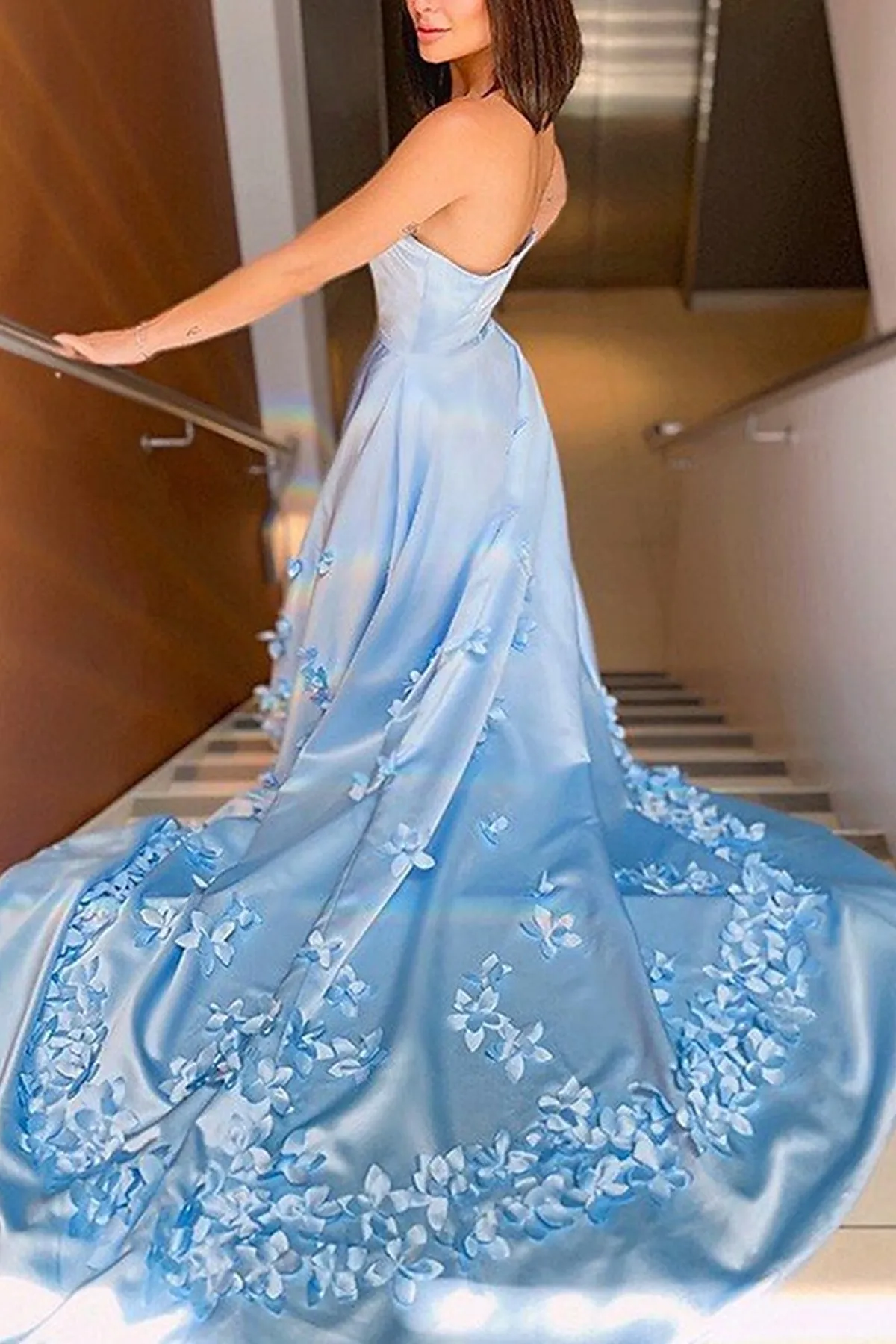 Strapless Open Back Light Blue Satin Long Prom Dress with Flowers, Light Blue Floral Formal Graduation Evening Dress A1429