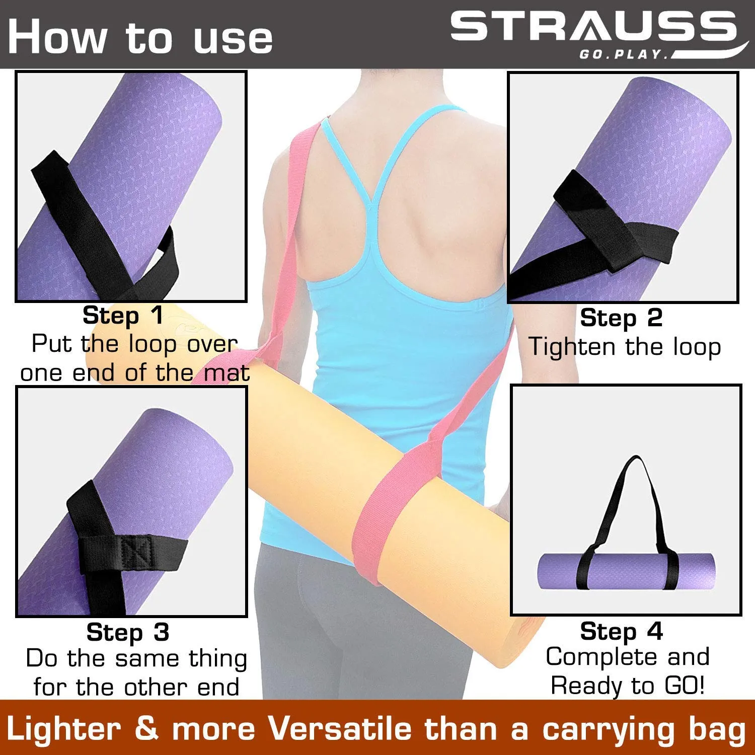 Strauss Yoga Mat (Floral) 10 MM NBR, Yoga Block (Purple) Pair and Yoga Belt (Blue)