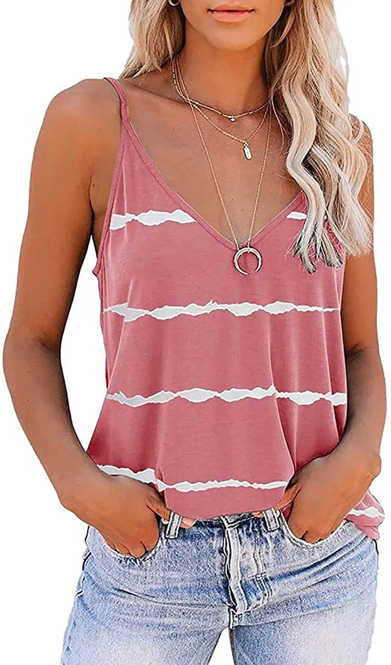 Styyyou Womens Stripe Strappy Cami Top Summer Deep V-Neck Breathable Cool Vest Tops