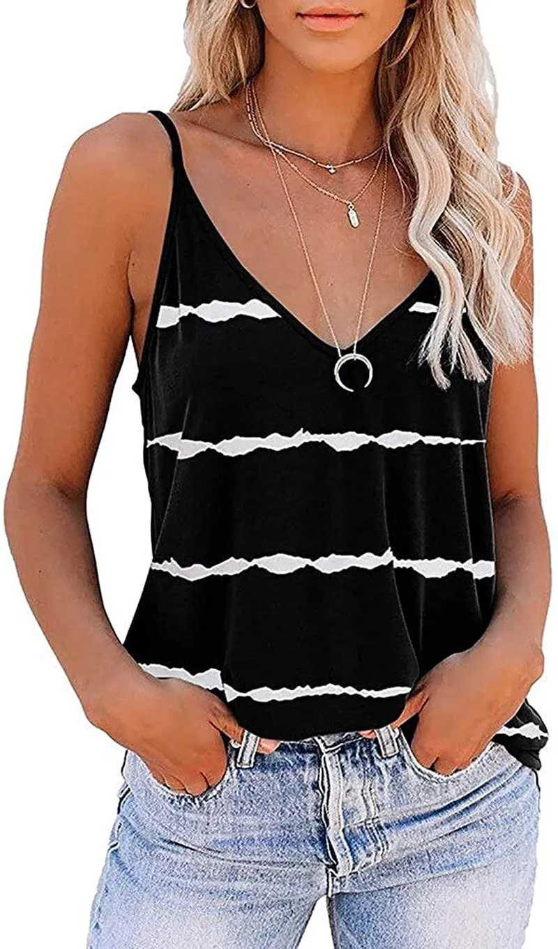 Styyyou Womens Stripe Strappy Cami Top Summer Deep V-Neck Breathable Cool Vest Tops