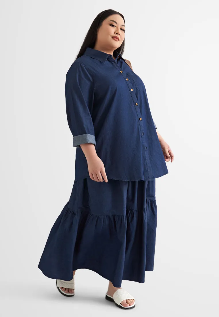 Taini A-Line Flowy Tiered Denim Skirt