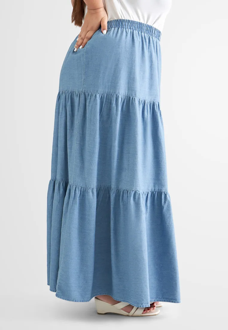 Taini A-Line Flowy Tiered Denim Skirt