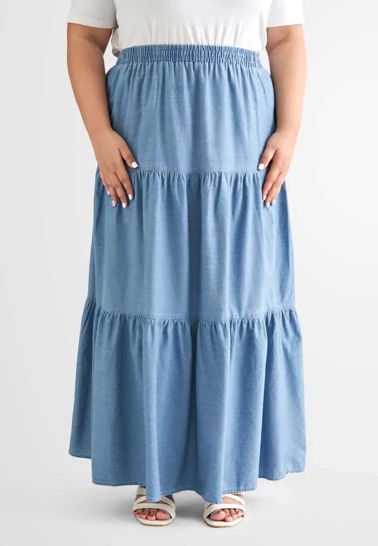 Taini A-Line Flowy Tiered Denim Skirt