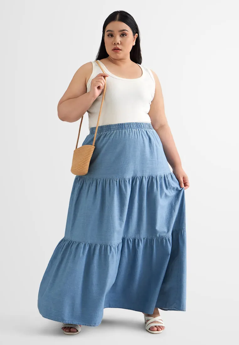 Taini A-Line Flowy Tiered Denim Skirt