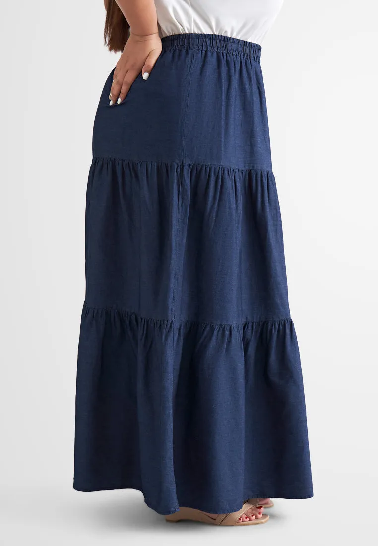 Taini A-Line Flowy Tiered Denim Skirt